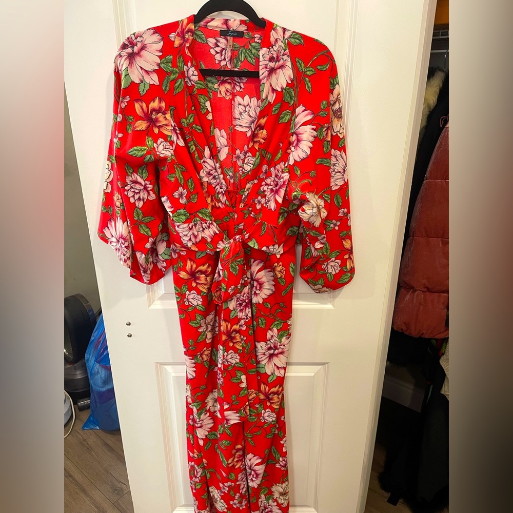 Long kimono style red floral Dress
